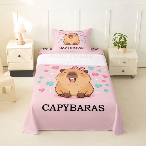 Manfei Kawaii Capybara Twin Sheets,Lovely Letter Print Bedding,Light Pink,3-Piece,1 Fitted Sheet and 1 Pillowcase