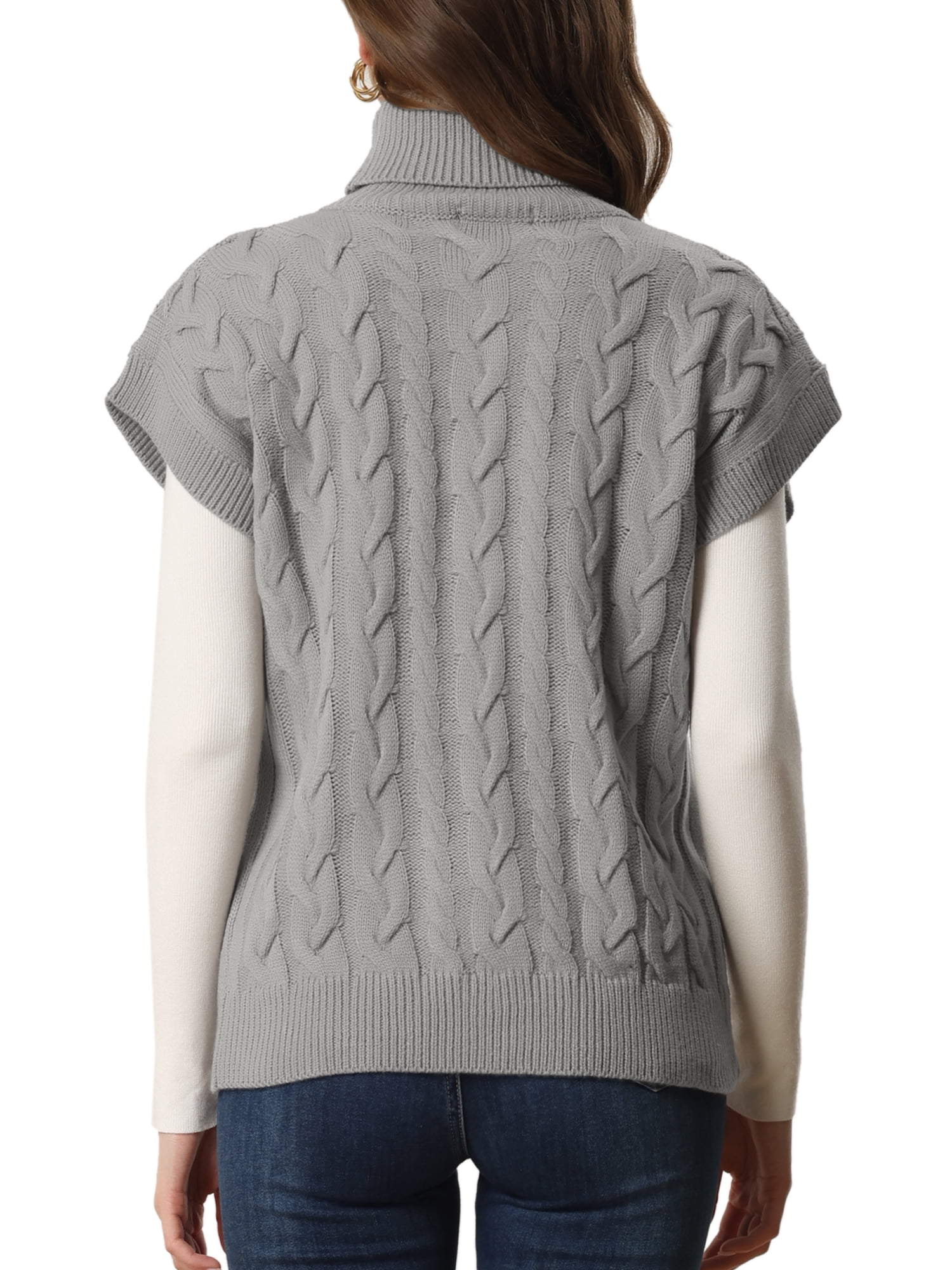 Unique Bargains Women's Solid Turtleneck Sleeveless Pullover Cable Knit Sweater M Grey