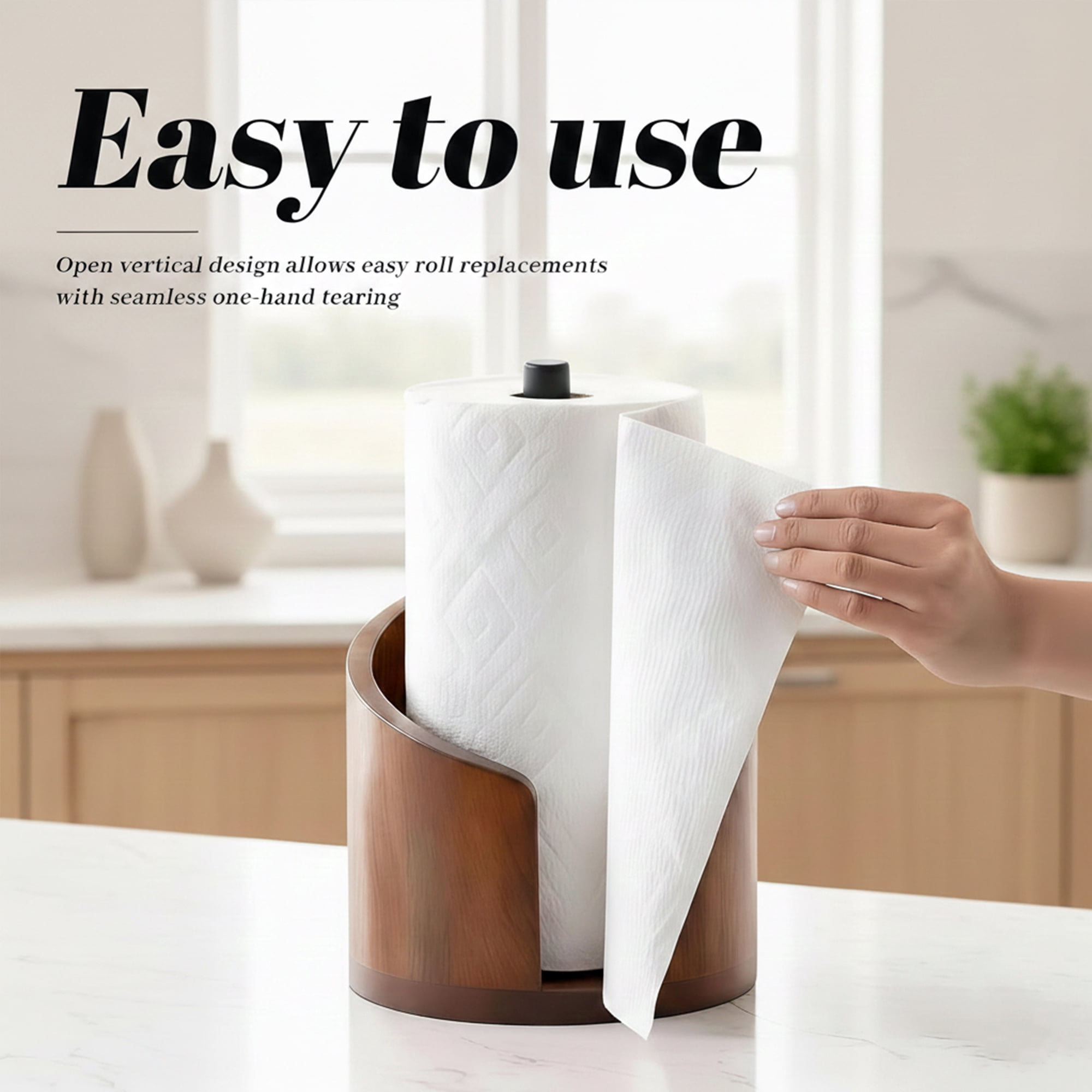 Standing Pine Wood Paper Towel Holder, 11.5" Countertop Dispenser Fits Jumbo Rolls, Modern Semi-Enclosed Design for One-Handed Tear, Brown/Natural/Black