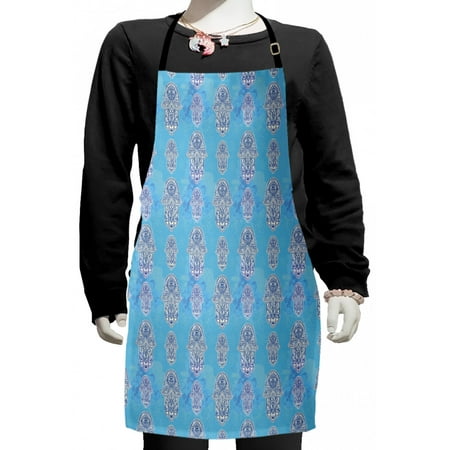 

Hamsa Kids Apron Grunge Paint Smear Background with Oriental Hand Eye and Flower Pattern Boys Girls Apron Bib with Adjustable Ties for Cooking Baking Painting Blue Navy Blue and White by Ambesonne