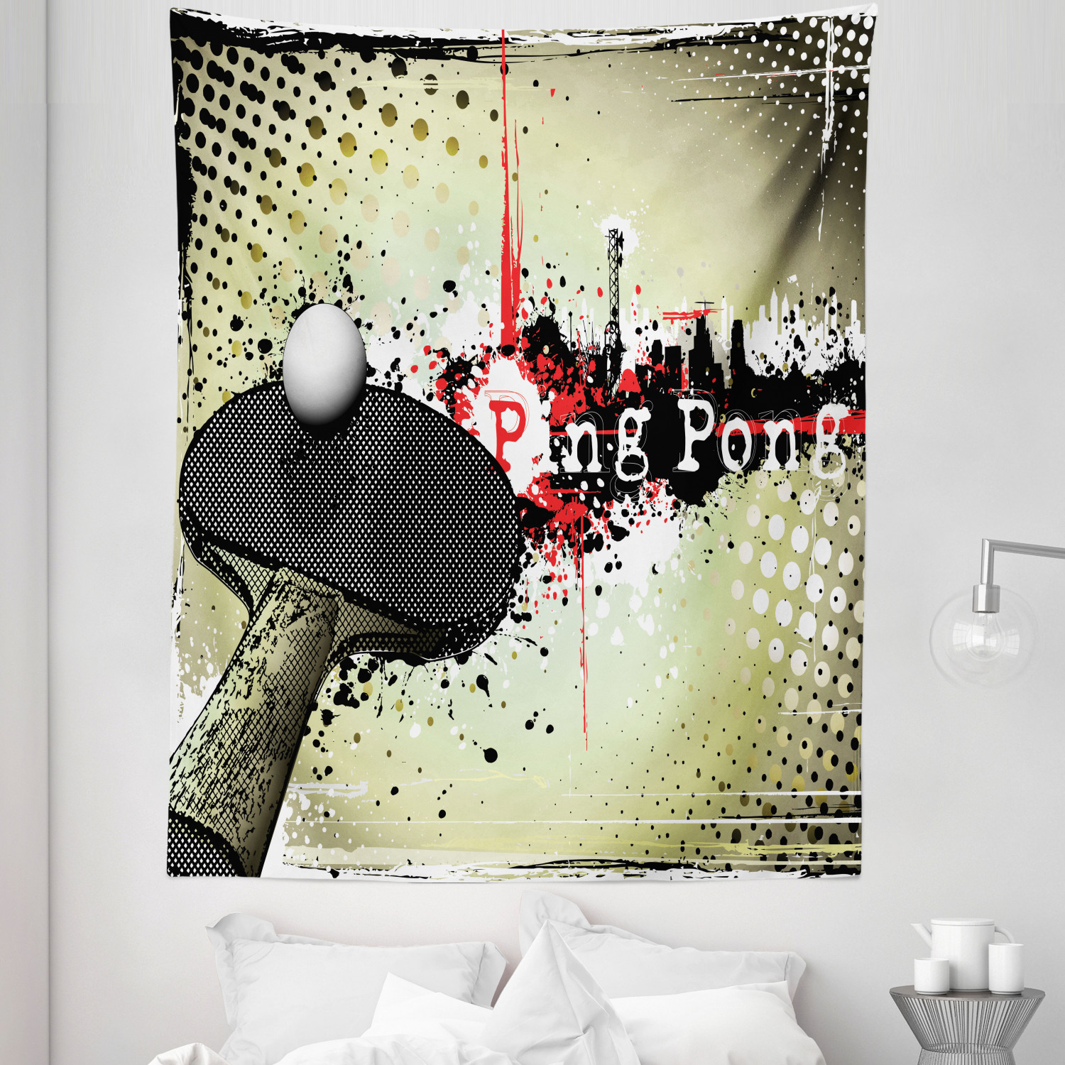Sports Tapestry, Ping Pong Lettering with Grunge Splashes Ball and ...