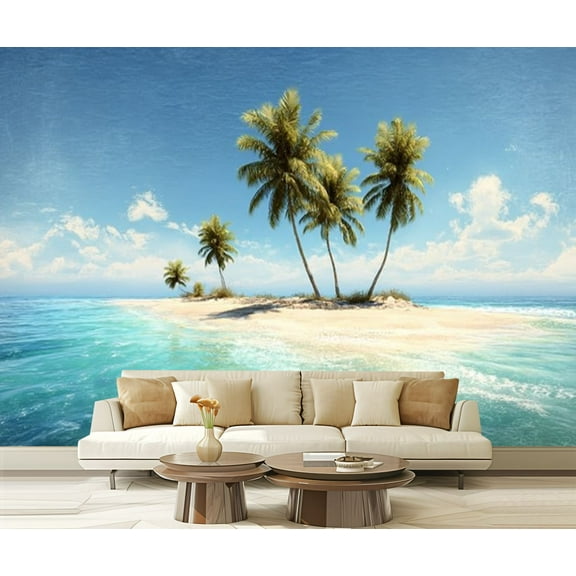 Peel and Stick Wallpaper Waterproof Dreamlike Island Tropical Beach Palm Trees Clear Water Island Wall Mural Decor Self Adhesive and Removable 69in x 98in