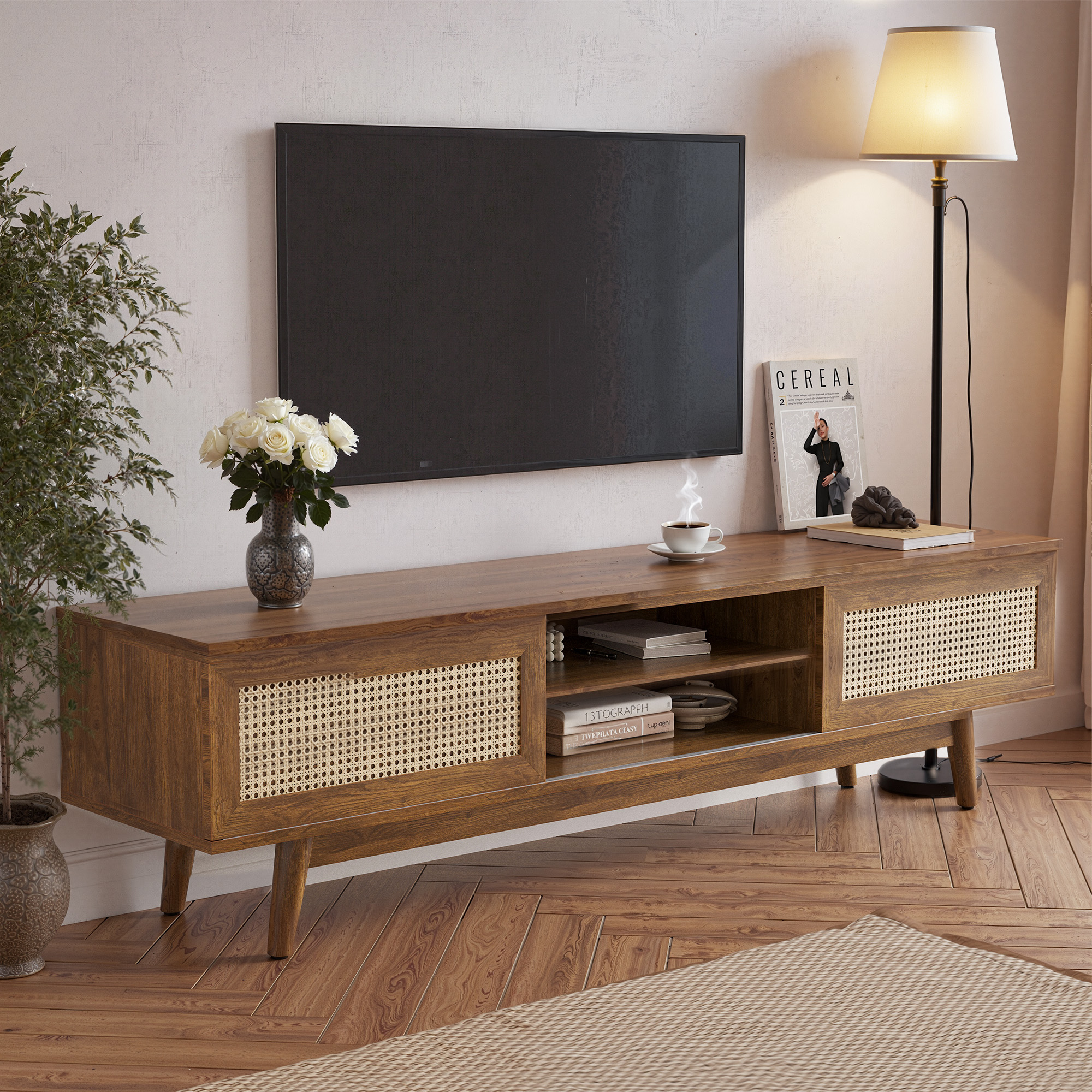 MAYEERTY Light Walnut 65" Mid Century Modern TV Stand, Boho Media Console with Cable Management for Living Room