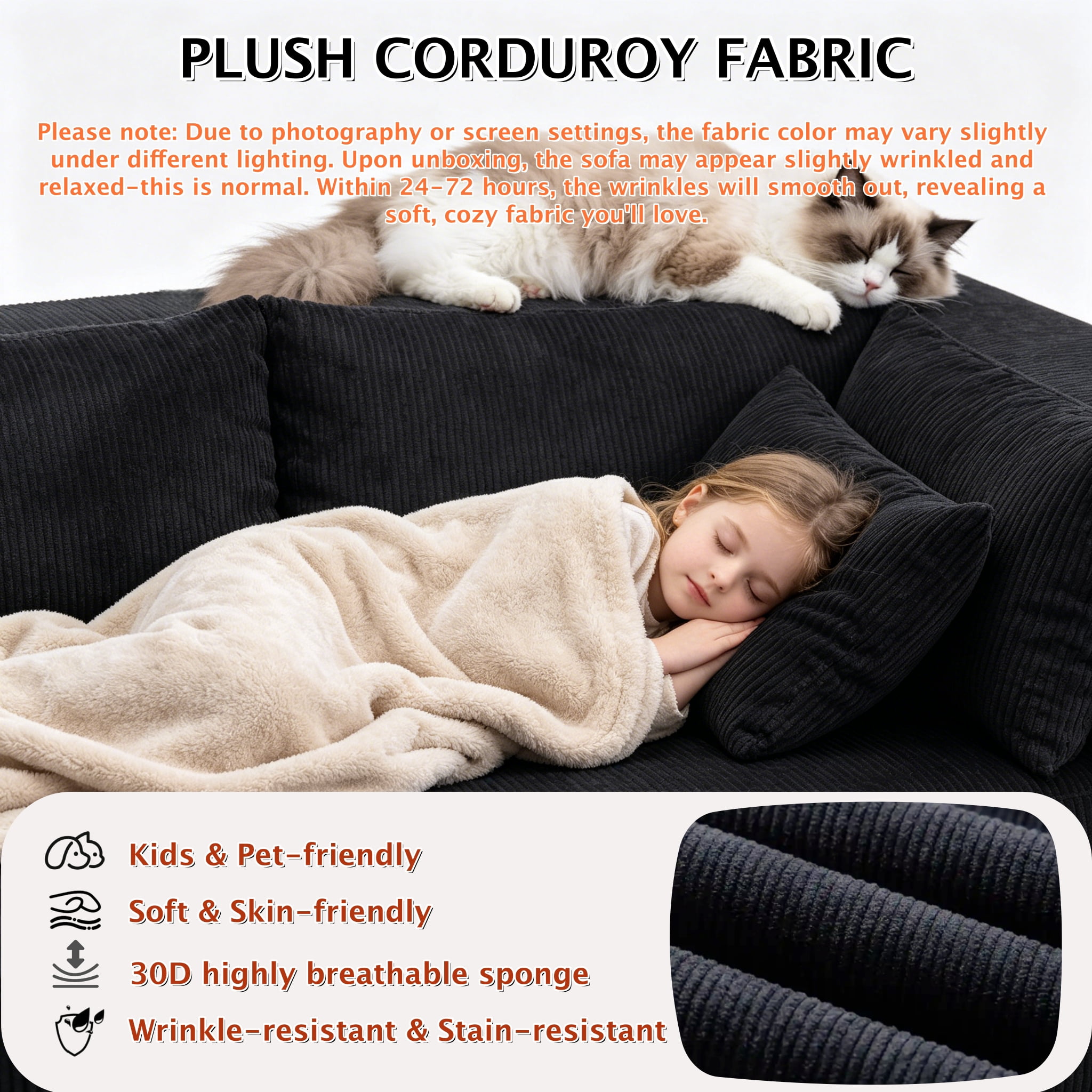 ShiKeyi 105" Modular L-Shaped Cloud Sofa, 3-Seater Corduroy Sectional Couch with Deep Seats Chaise, Soft Boneless Design for Living Room, Black (Left)