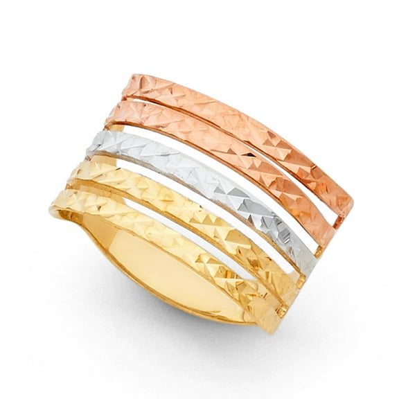 14k Yellow White & Rose Gold Semanario Five Band Ring Diamond Cut Polished Tri Color 15MM, Size 7
