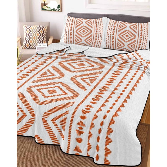 Orange Boho Full Size Down Alternative Comforter, Lightweight Comforter Quilt Bedding Set with Pillow Shams Vintage Southwestern Geometric Stripes All Seasons Bed Comforter Duvet Insert 78"x90"