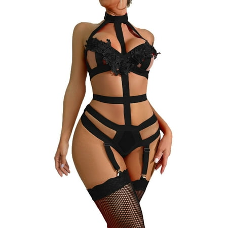 Yuhangmm Women Sexy Lace Mesh Floral Embroidery Chain Linked Garter Teddy Bodysuit With Leg Ring Women Lingerie Underwear Petite Lingerie for Women Small