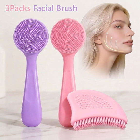 Silicone Contour Face Brush with 2 Manual Facial Cleansing Brushes, Face and Neck Massage Tool for Exfoliating and Sensitive Skin Care