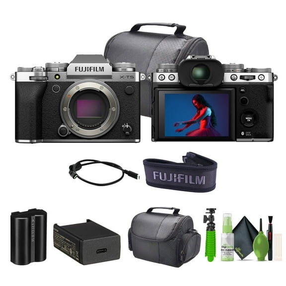 FUJIFILM X-T5 Mirrorless Camera (Silver) Bundle with XF 70-300mm f/4-5.6 R LM OIS WR Lens   64GB SF-M Tough Series UHS-II SDXC Memory Card   Camara Bag   Vlogging Tripod   More