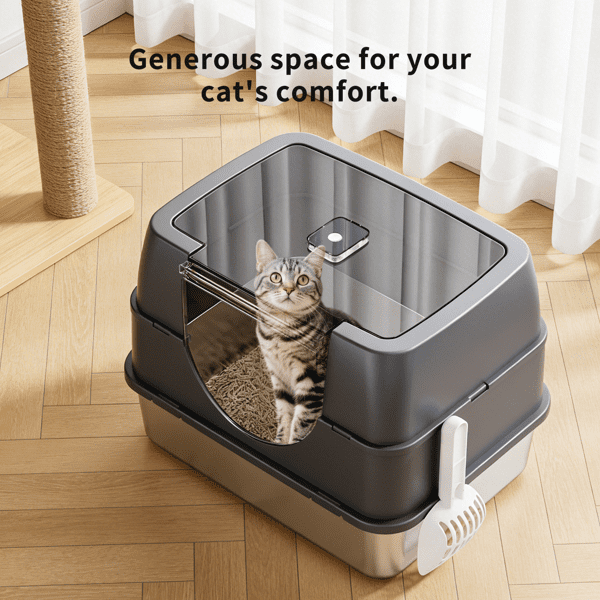 imerelez Enclosed Cat Litter Box with Flip-Top Lid, Stainless Steel Large Covered Litter Box, High Sided Metal Litter Pan with Litter Scoop & Mat, Odor Control, Leak Proof, Easy Cleaning, Grey