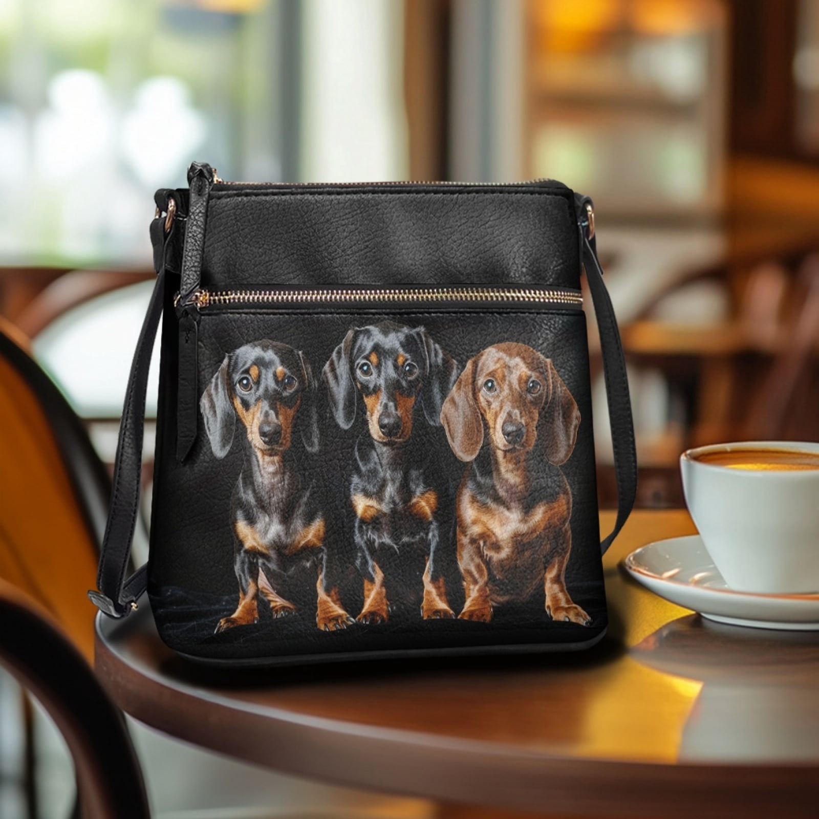 LedBack Dachshund Print Leather Crossbody Bags for Women Portable Dog Print Leather Crossbody Purses Medium Size Ladies Sling Shoulder Purse Handbag Wallet, Black
