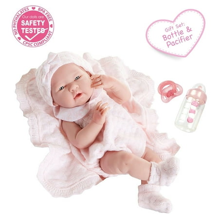 JC Toys La Newborn All Vinyl Anatomically Correct Real Girl 15" Baby Doll in Pink Knit Outfit and Accessories, Designed by Berenguer.