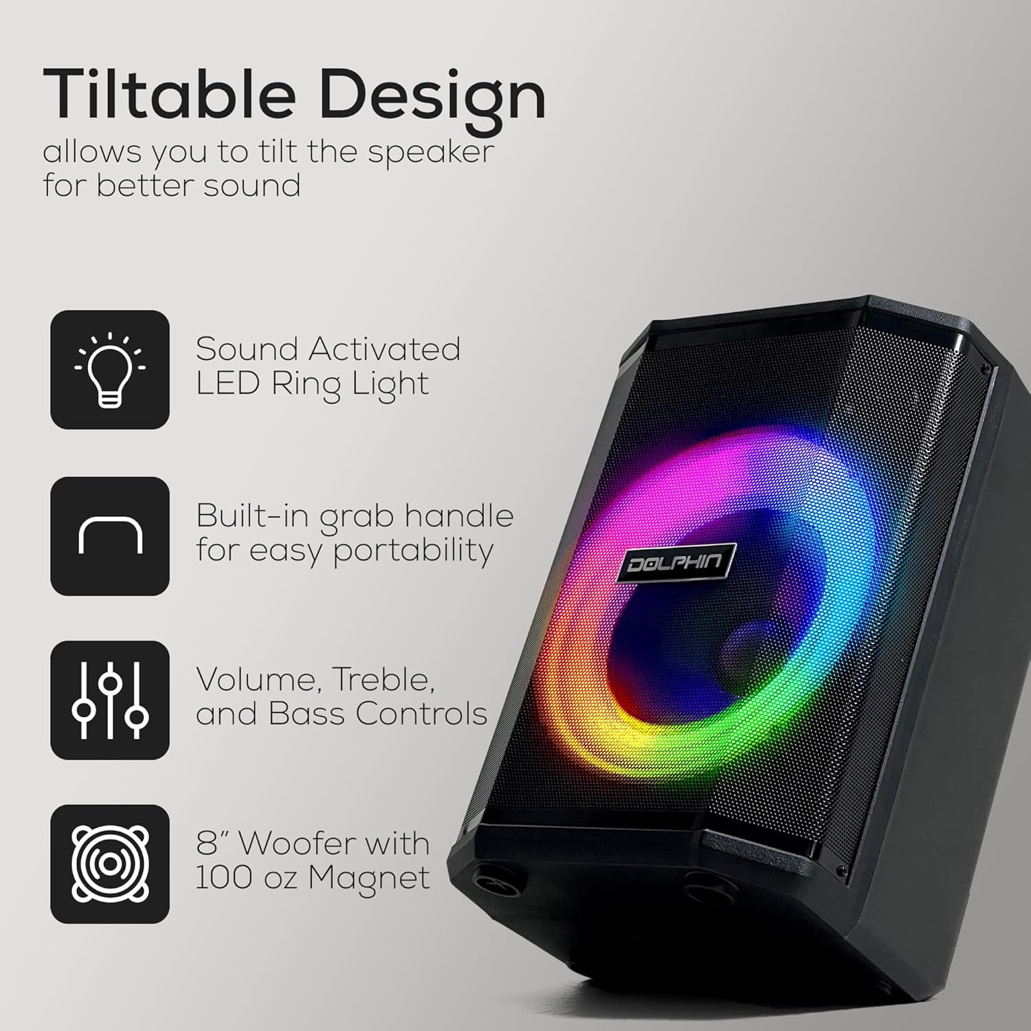 Dolphin Audio SP-880RBT Rechargeable 8-In. Portable Bluetooth Party Speaker with Tilt Function, LED Light Ring, Wireless Microphone, and Remote, SP-880RBT