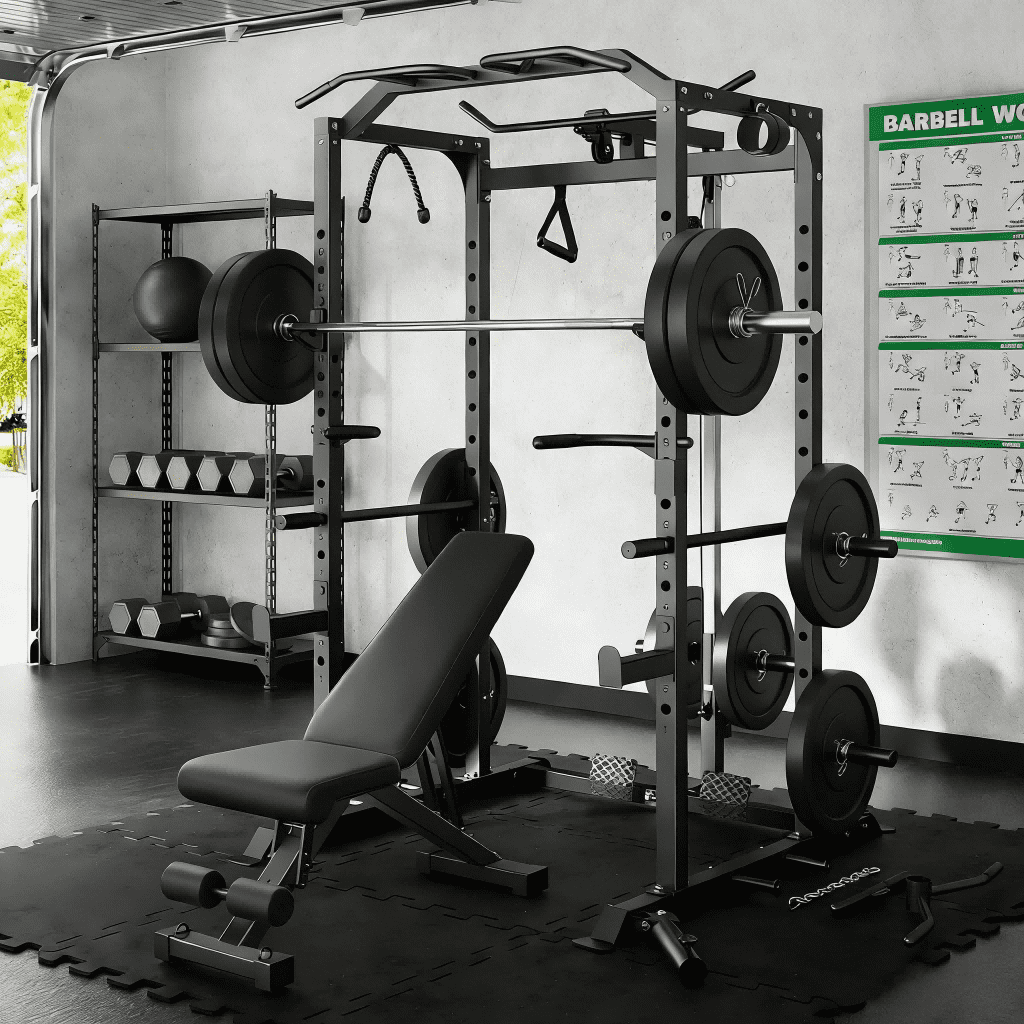 MITONOS Home Power Cage, 2000LBS Squat Rack with LAT Pulldown, Multi-Function Weight Cage Strength Training Machine, Workout Cage with More Attachments for Home Gym Garage, BK