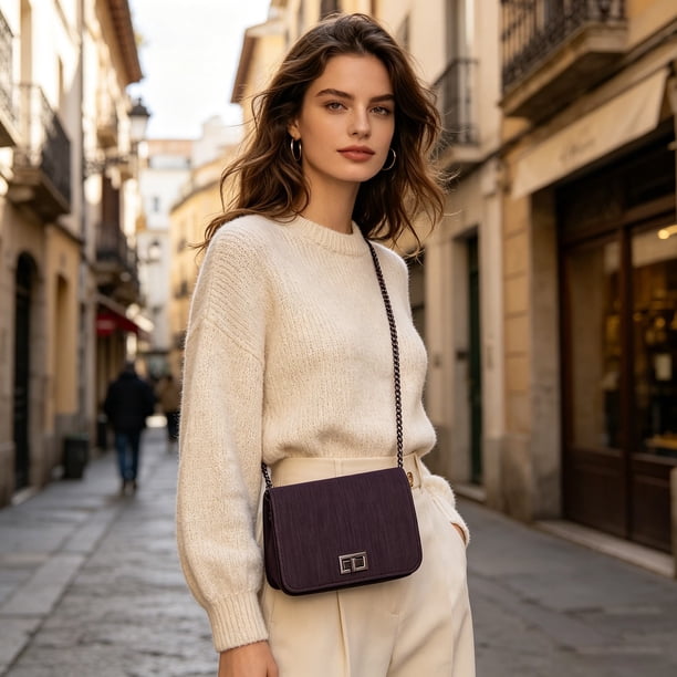 Bolso cruzado de color sólido para mujer, con tela texturizada, cierre de giro, correa de cadena para el hombro, cartera pequeña y ligera para uso casual, viajes y diario.