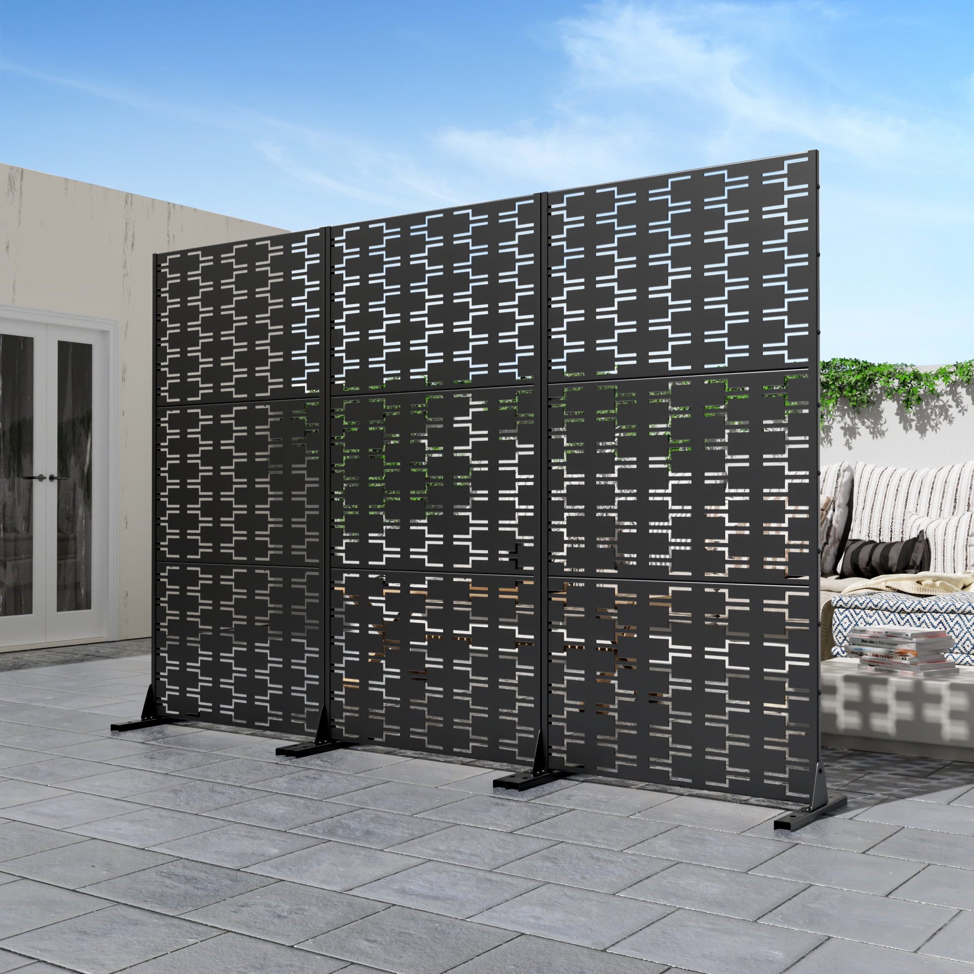 72"x35"x16" Outdoor Privacy Screen with Stand Metal Balcony Decorative Screen,Black