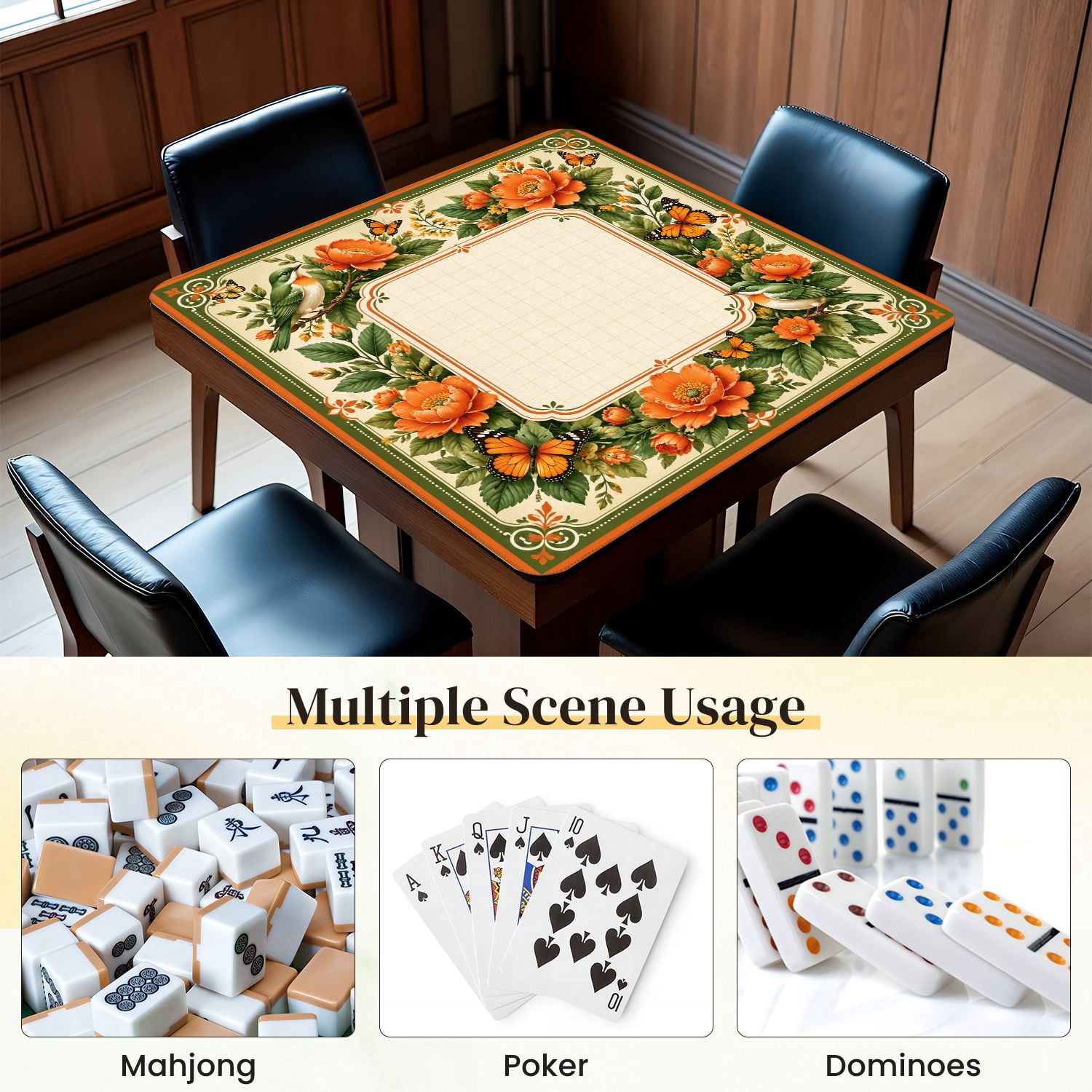 Mahjong Mat 31.5" x 31.5" Orange Peony Green Bird Floral Frame Butterflies Non-Slip Noise Reduction Mahjong Tiles Table Cover for Dominoes Poker Card Board and Tile Games