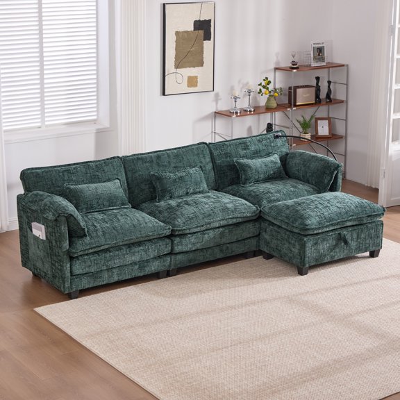 UNITED WE WIN 112" Oversized Sectional Sofa Cloud Couch for Living Room, Modern Chenille L Shaped Couch, Comfy Boucle Modular Sofa Sleeper with Movable Storage Ottoman, Phone Holder, USB C