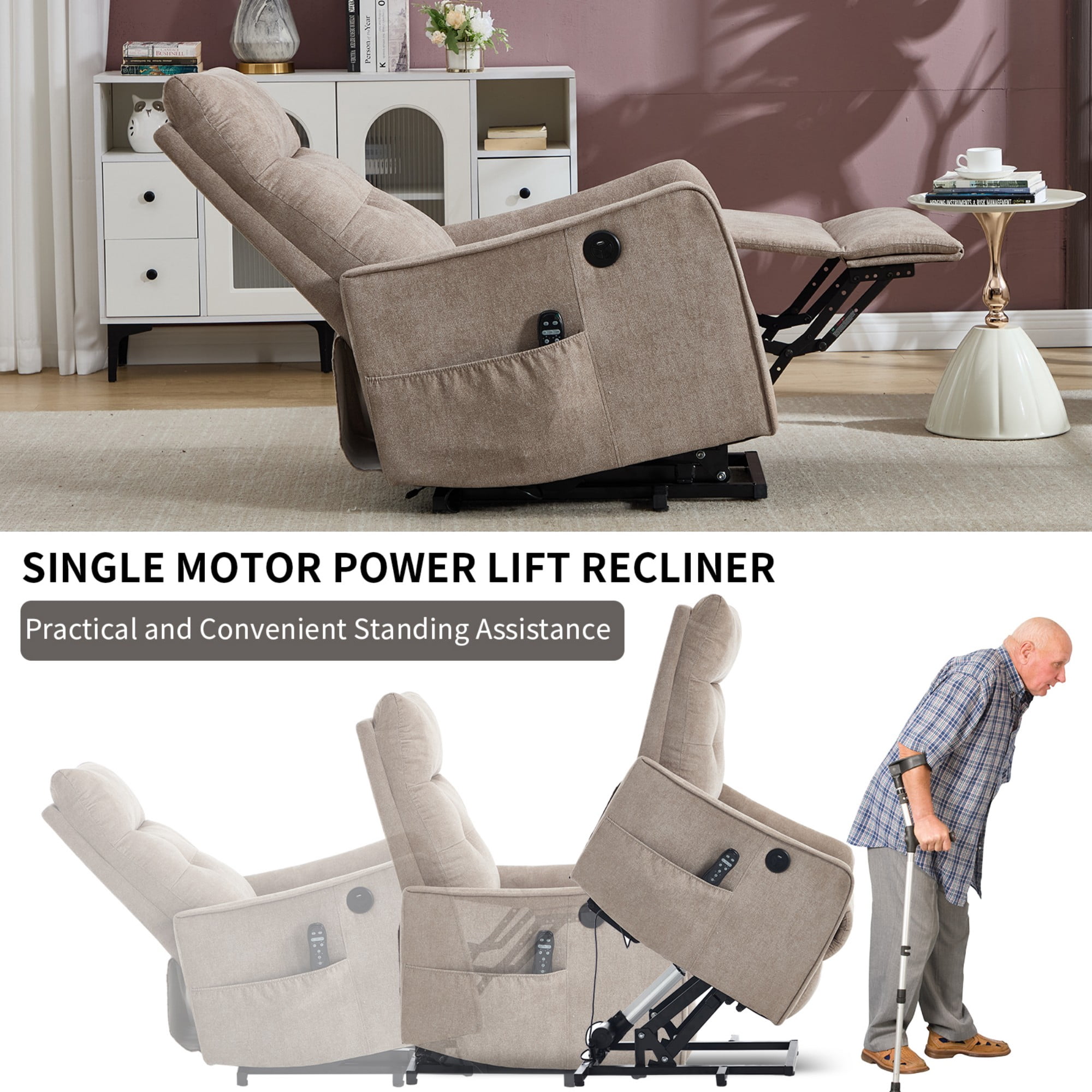 Aukfa Power Lift Recliner Chair with Massage and Heat for Elderly, Electric Chair with USB Port & Side Pocket for Living Room, Khaki