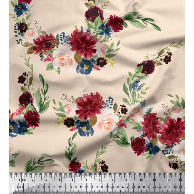 Soimoi White polyester Crepe Fabric Ranunculus & Penoy Floral Print Decor Fabric Printed By the Yard 52 Inch Wide