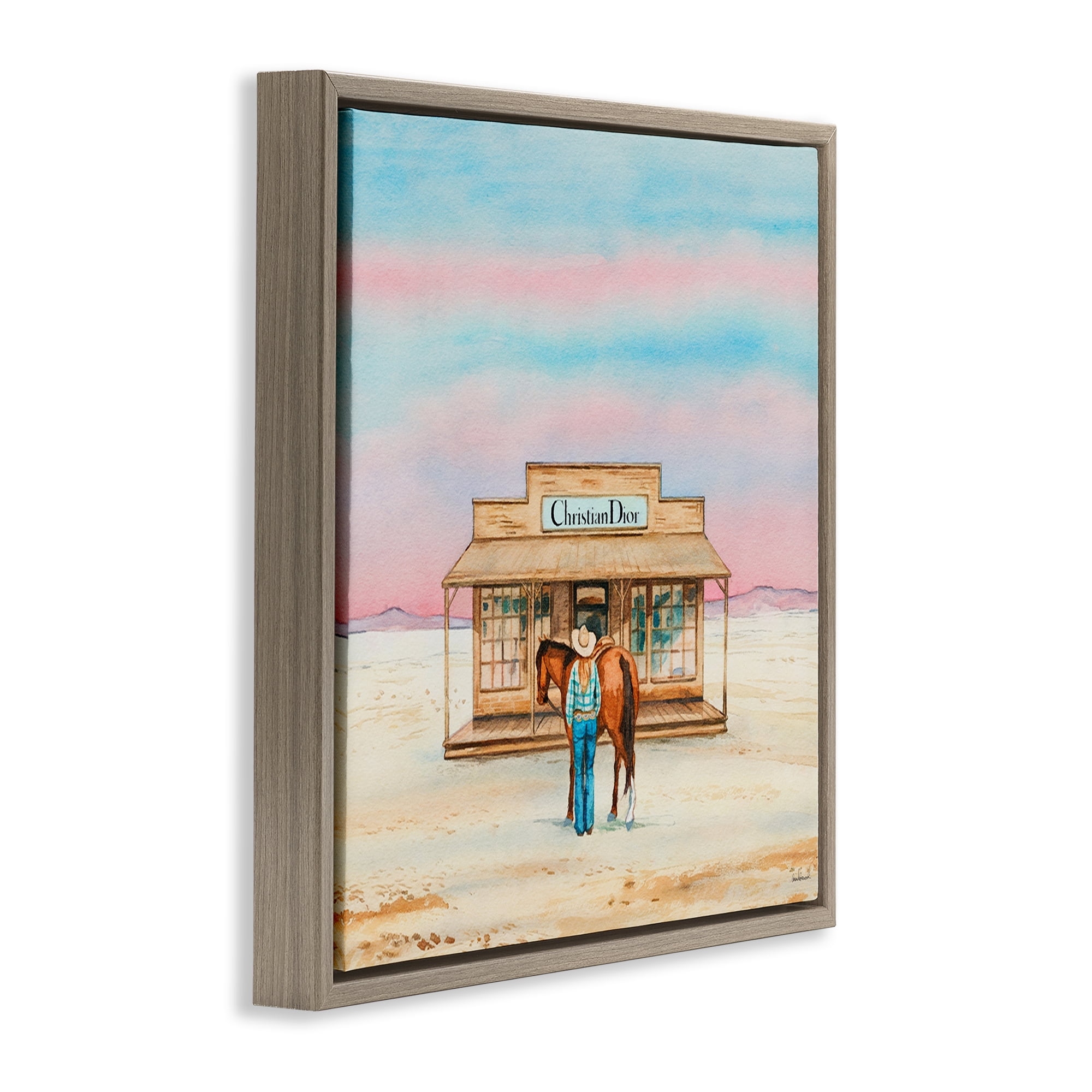 Stupell Industries Cowgirl & Horse Shopping Fashion Painting Brown Floater Framed Canvas Art Print Wall Art, 18 x 18
