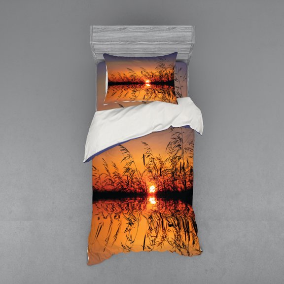 Ambesonne Nature Bedding Set 3 Pcs, Lake Sunset Photo Scene, Twin, Multicolor