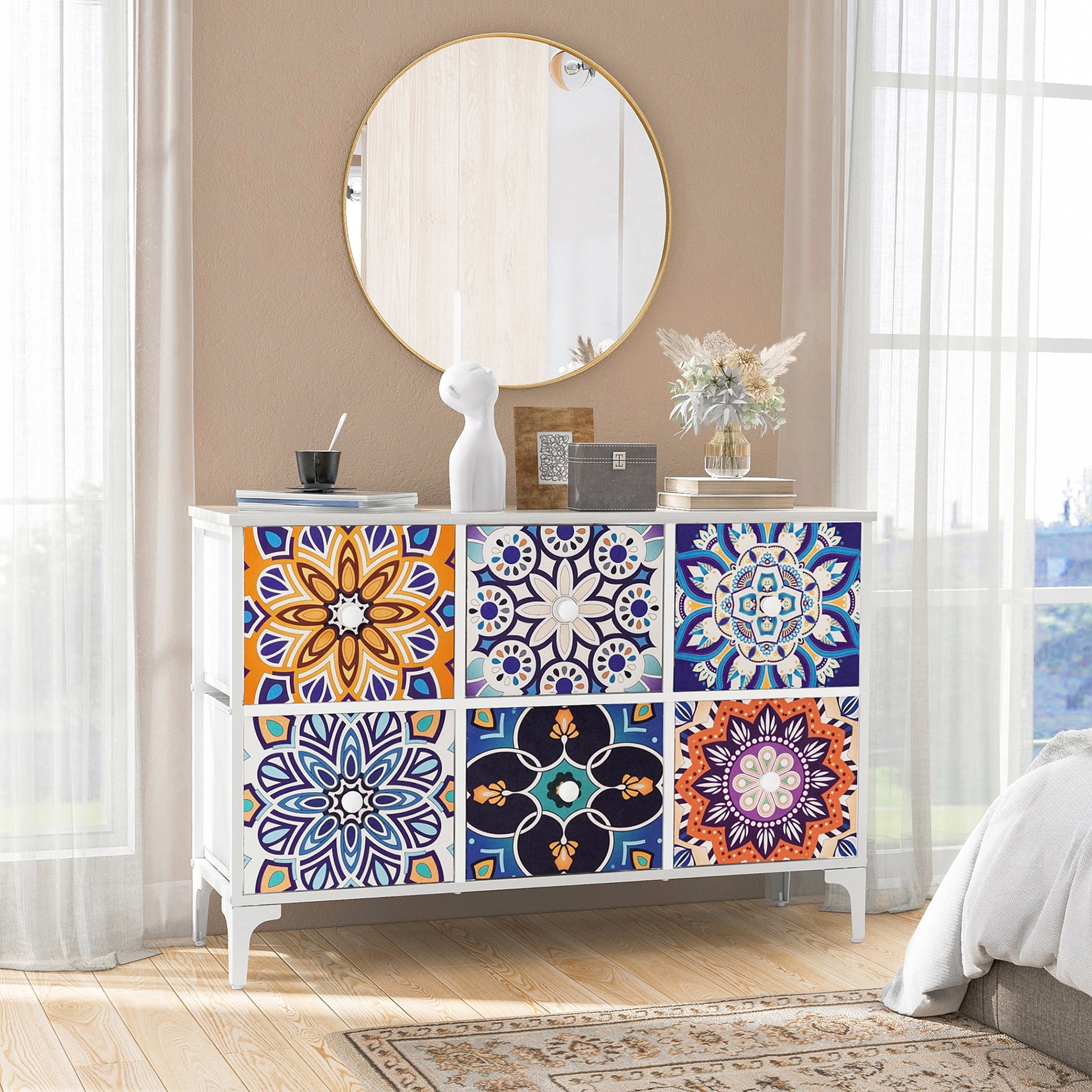 Dresser TV Stand for Bedroom, Wide Dresser with 6 Drawers, Console Table Chest of Drawers Fabric Dressers for Kids, Living Room, Closet, Entryway,Sturdy Steel Frame and Wooden Top