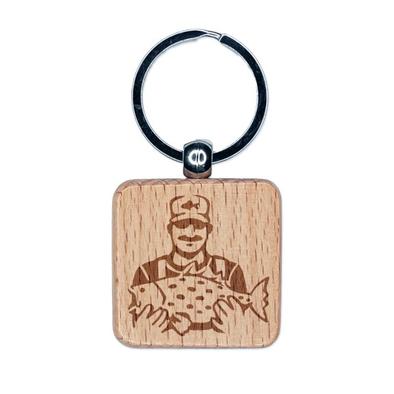 Fisherman Holding Fish Catch Square Keychain Charm Tag - Engraved Wood