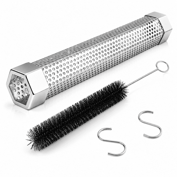 Premium Pellet Smoker Tube 12 inches,5 Hours of Billowing Smoke,Hot or Cold Smoking,Includes 2 S-Shaped Hooks,Cleaning Brush,for Any Grill or Smoker,Easy and Safe Way to Provide Smoking