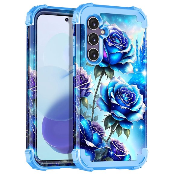 Casetego for Samsung Galaxy S23 FE 5G Case,Glow in The Dark Three Layer Heavy Duty Shockproof Full Body Protection Hard Plastic Bumper Soft Silicone Case,Blue Rose