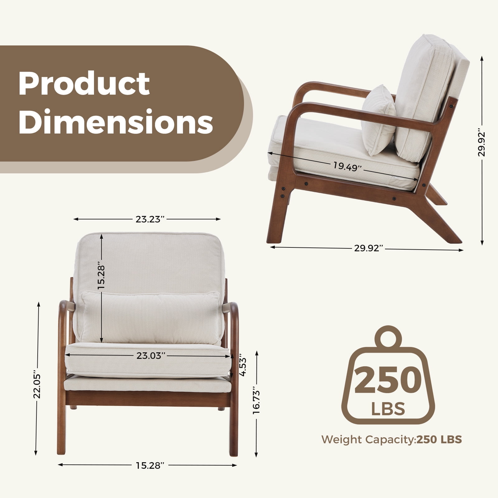 GIANNA Modern Accent Lounge Chair with Armrests and Cushion, Wooden Frame Reading Chair for Living Room or Bedroom, Beige