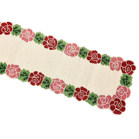 Handmade Bead Table Runner, Rose Design Table Runner, Multicolor Spring Table Topper 13X36 Inch