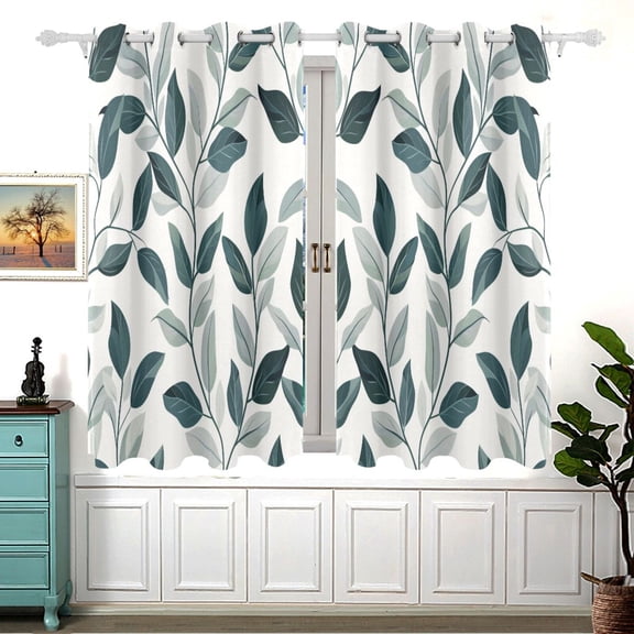 Dark Green Leaves Vines Curtain Black Out Thermal Insulation Curtains Aesthetic 54 Inch Length for Bedroom Living Room 2 panels set