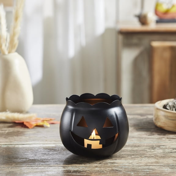 VHC Brands Jack-O-Lantern Candle Holder Black , Fall and Halloween Kitchen Dining Table Candle Holder, Pumpkin Decor Deep Black, 4.25x5.25