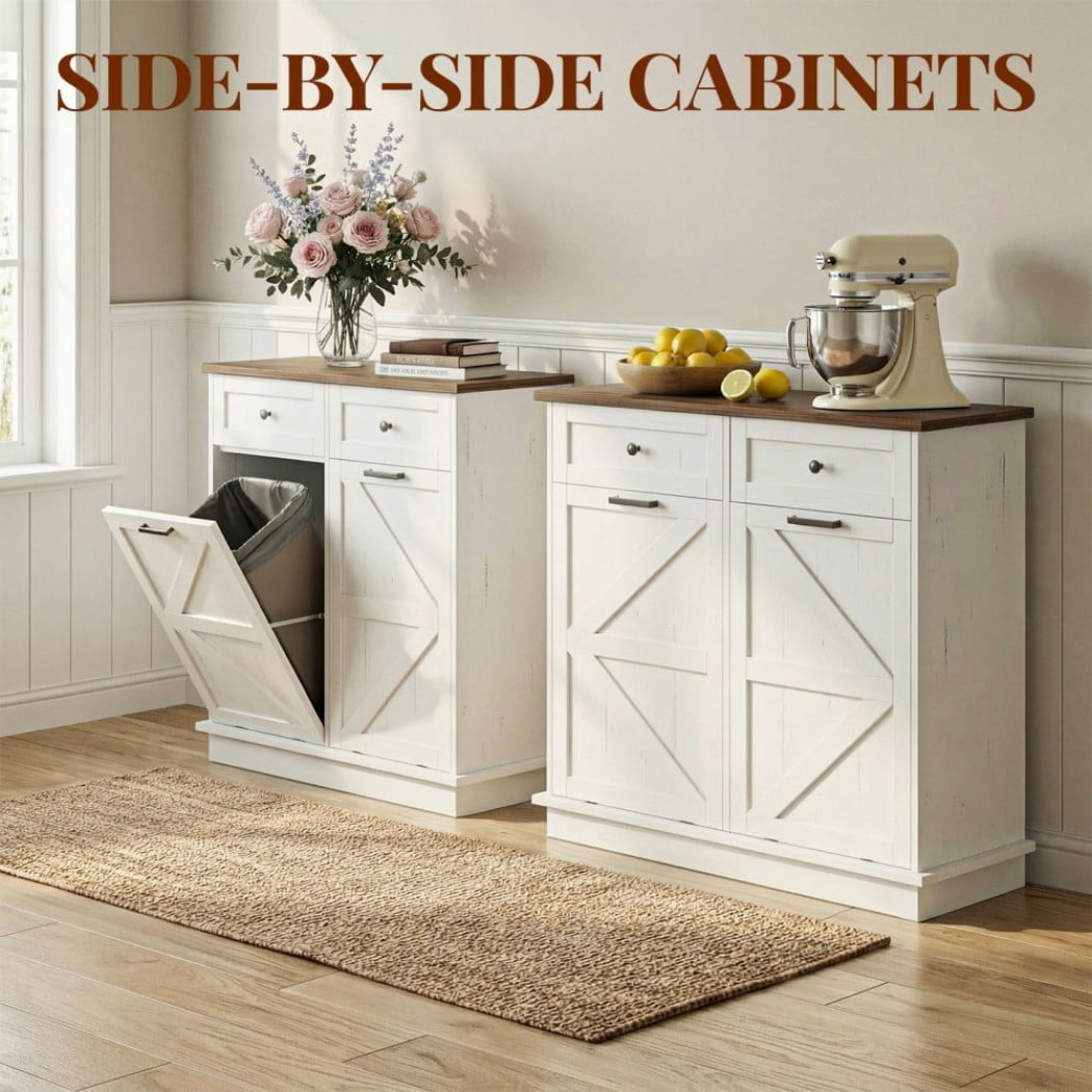Double Tilt Out Trash Can Cabinet, 2 x 10 Gallon Garbage Can Storage with 2 Drawers, Freestanding Kitchen Recycling Cabinet for Laundry Room, Brown+Distressed White