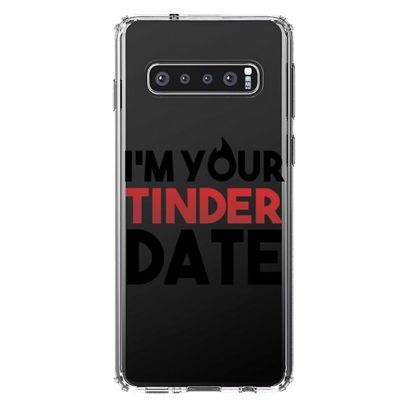 DistinctInk Clear Shockproof Hybrid Case for Samsung Galaxy S10 (6.1" Screen) - TPU Bumper Acrylic Back Tempered Glass Screen Protector - I'm Your Tinder Date