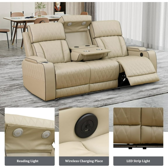 3 Seater Recliner Sofa Leather Couch with LED/USB Ports/Cup Holders