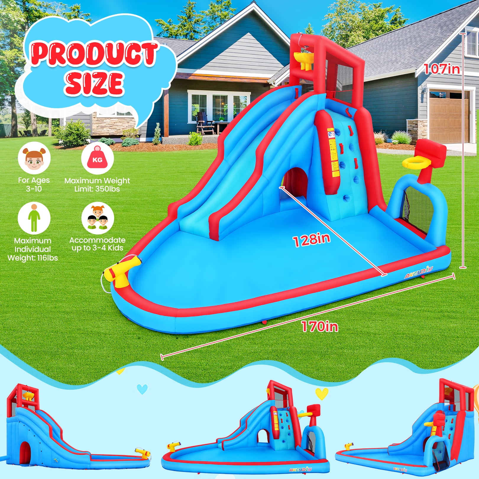Veeboto Inflatable Water Slide with Pool, Climbing Wall, Basketball Hoop, Water Cannon, and Dump Bucket, Bounce House for Ages 3–10, Inflatable Water Park with Blower
