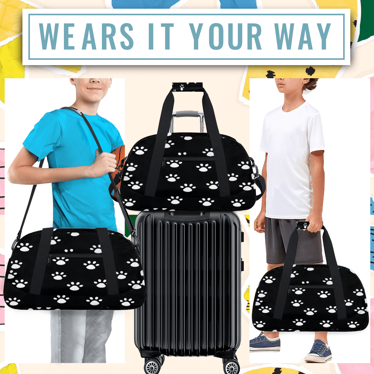 Herdesigns Dog Paws Print Sports Duffle Bag for Women & Men, Paws Print Gym Bag Dance Bag Overnight Bag Carry On Weekender Travel Bag