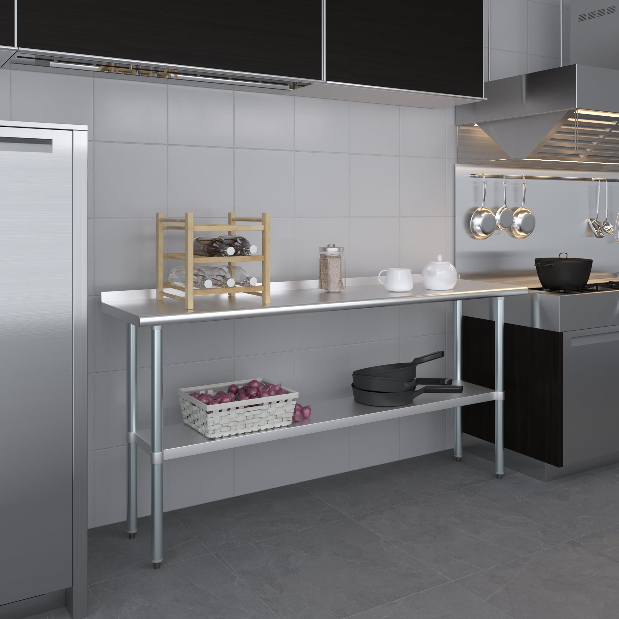 AmGood 18 in. x 72 in. Stainless Steel Work Table with 1.5 in. Backsplash | Metal Kitchen Food Prep Table