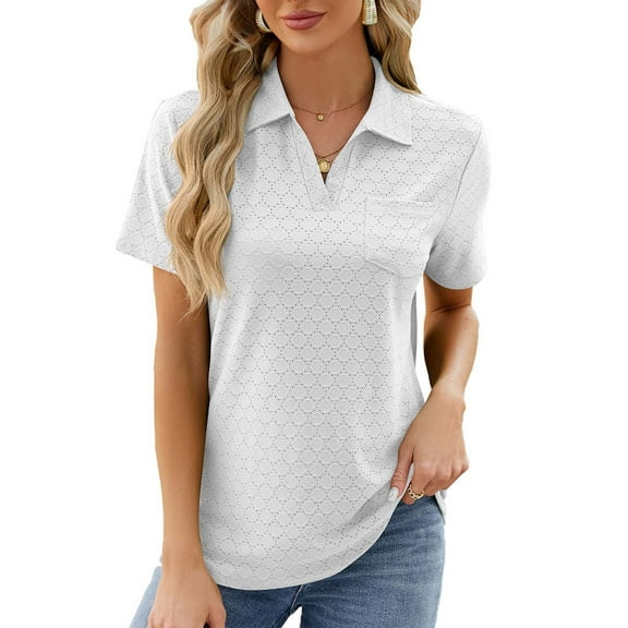 AherBiu Work Tops for Women Eyelet Hole Short Sleeve Lapel V Neck Pullover Business Casual Summer Shirts Blouse
