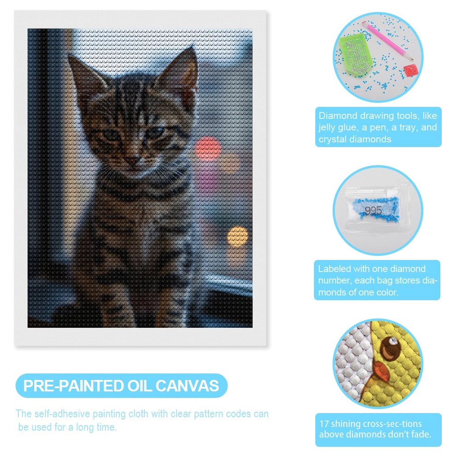 Diamond Art Kits for Adults, Tabby Kitten Window Light Glow 5D Diamond Painting Kits for Adults Beginners, DIY Full Drill Diamond Painting, Gem Art and Crafts 12x16