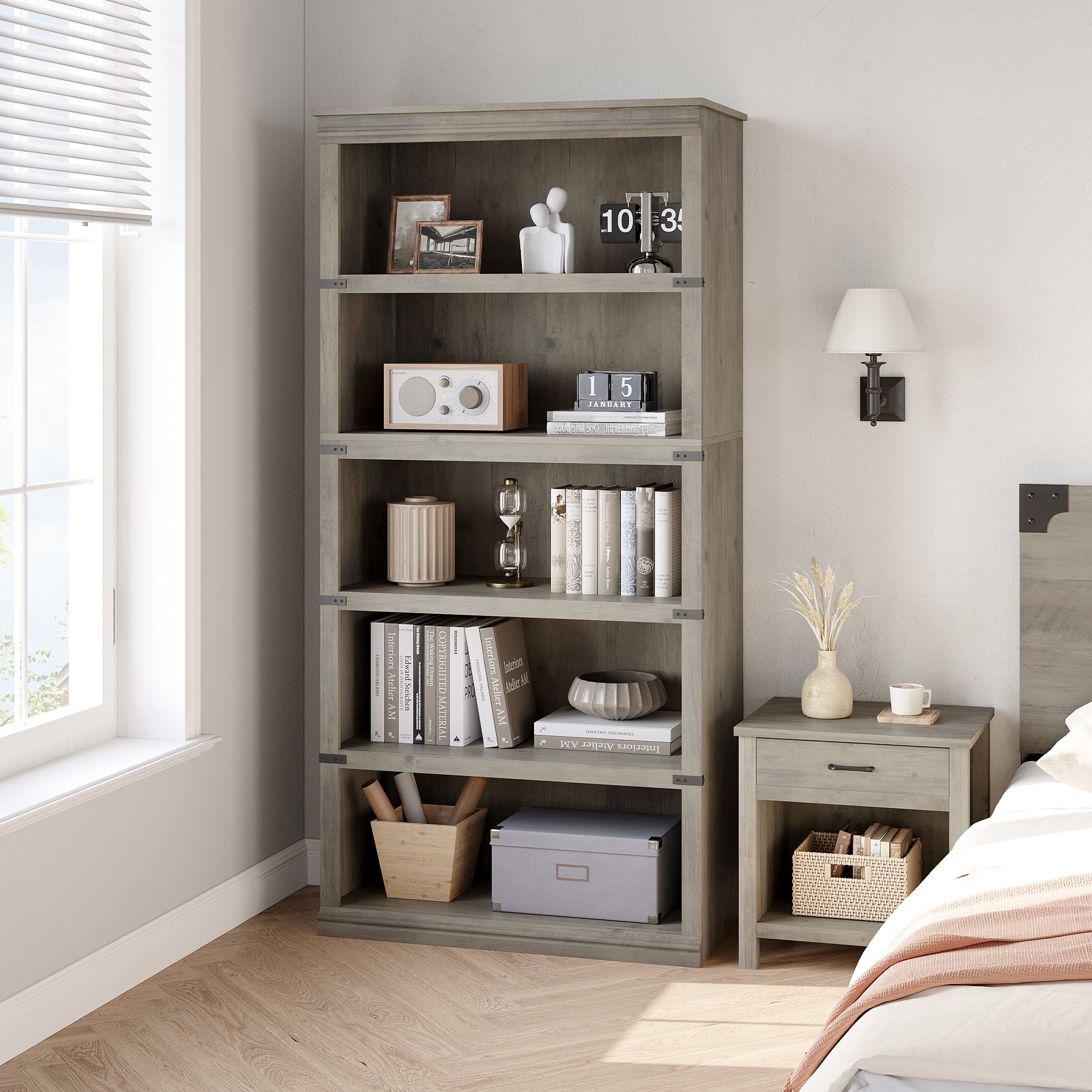 Outop 5 Tier Wood 67.4 in x 31.4 in x 12.7 in Gray Farmhouse Open Display Bookshelf
