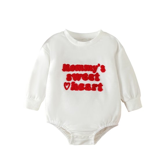 Baby Boy Girl Bubble Romper Long Sleeve Round Neck Sweet Heart Embroidery Bodysuit Valentines Day Onesie