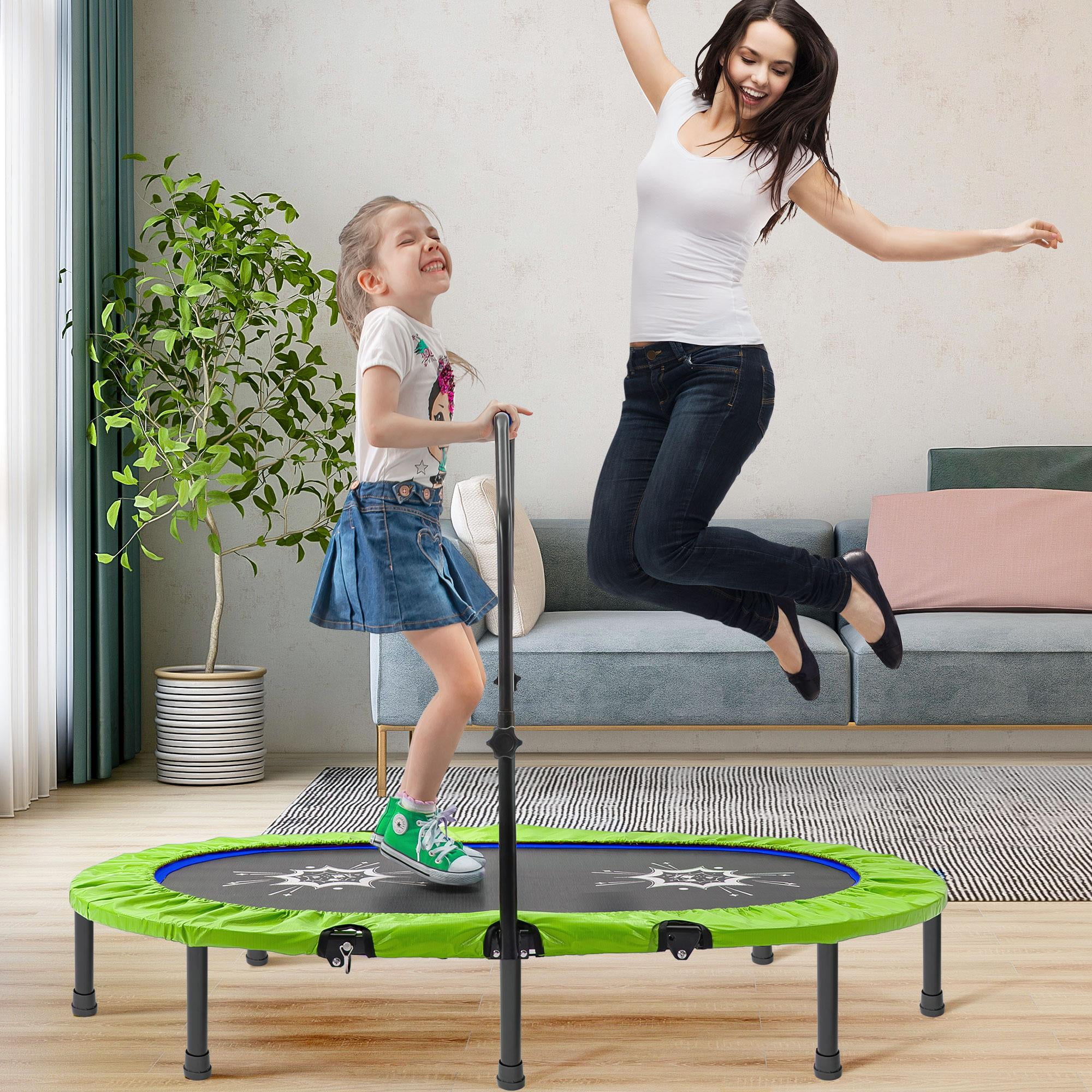 Indoor Trampoline for 2 Kids, Parent-Child Twins Trampoline for Toddlers with Adjustable Handle and Safety Pad,Home Gym Exercise Trampoline for Boys Girls, Cardio Trainer, Green