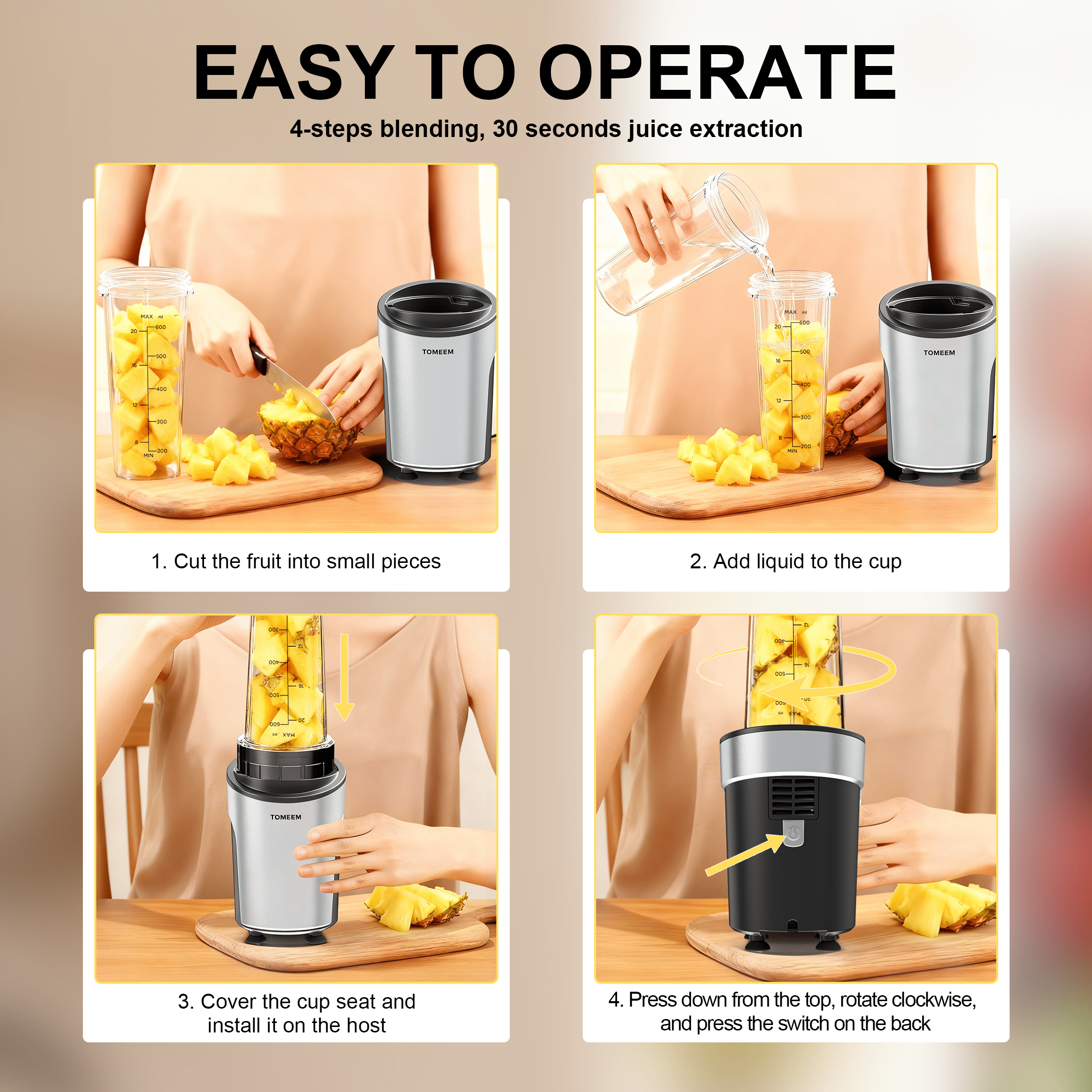 Tomeem Personal Blender for Smoothies and Shakes with Travel Lid, 20 oz No-BPA Portable Bottle, 450 W, 4-Blade, Black