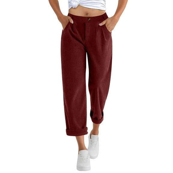 Diufon Corduroy Pants Women Elastic High Waist Straight Leg Cropped Trouser Casual Fall Winter Capris Clothes