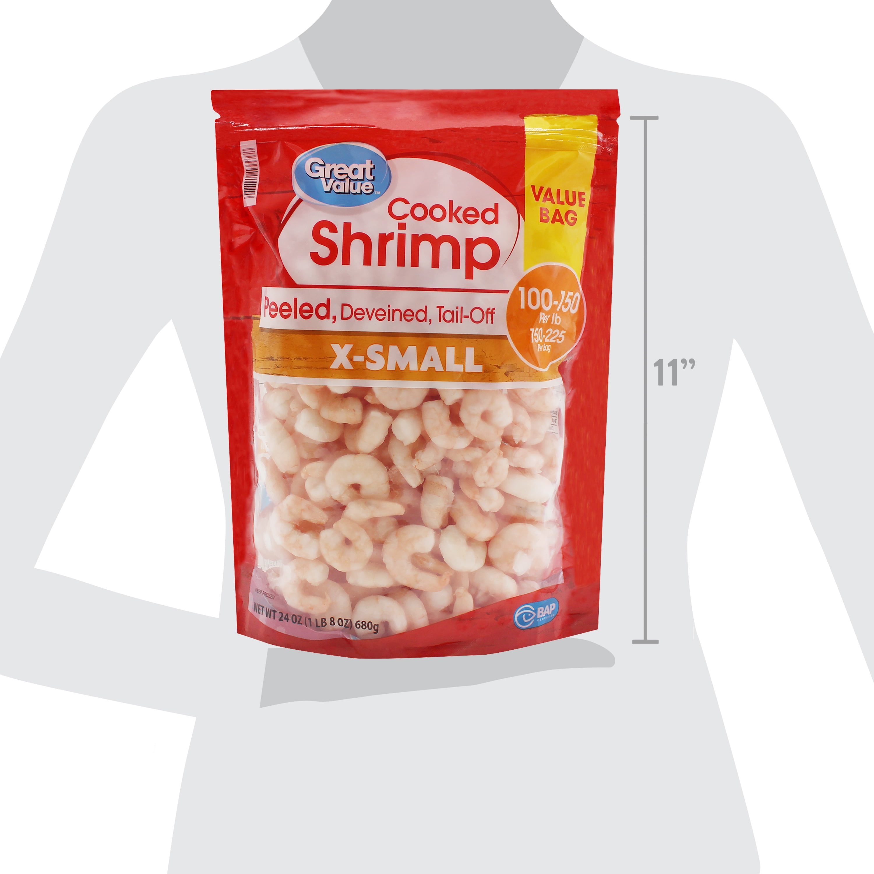 Great Value Frozen Cooked Extra Small Peeled & Deveined, Tail-off Shrimp  Value Bag, 24 oz (100-150 Count per lb)