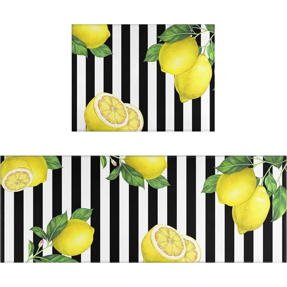 Lemon Kitchen Mat Set of 2 Piece Non-Slip Rubber Backing Washable Kitchen Rugs and Mats for Floor Kitchen Rug Runner Lemon Decor Black
