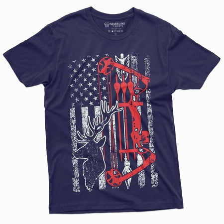 Men S Hunting Crossbow T-Shirt Usa Flag Patriotic Deer Hunting Bow And Arrows Tee (Medium Navy Blue)